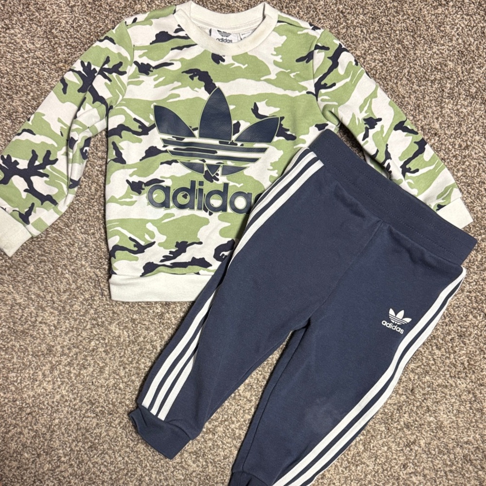 Adidas Kids Green Camo Sweatshirt and Blue Joggers 12-18Months